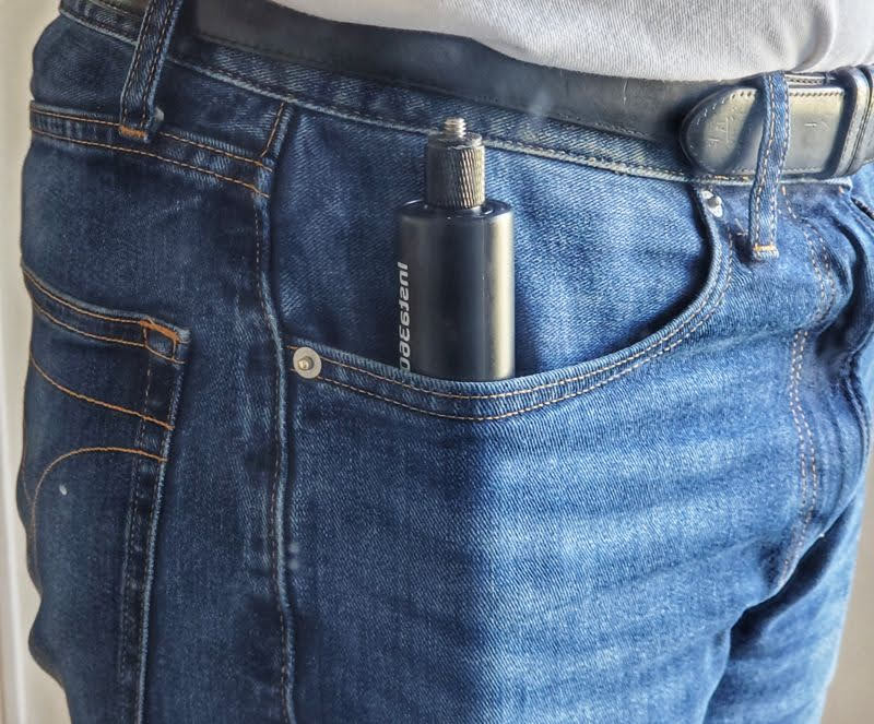 The Insta360 Selfie Stick Tripod fits in my front pocket but will protrude a couple of inches