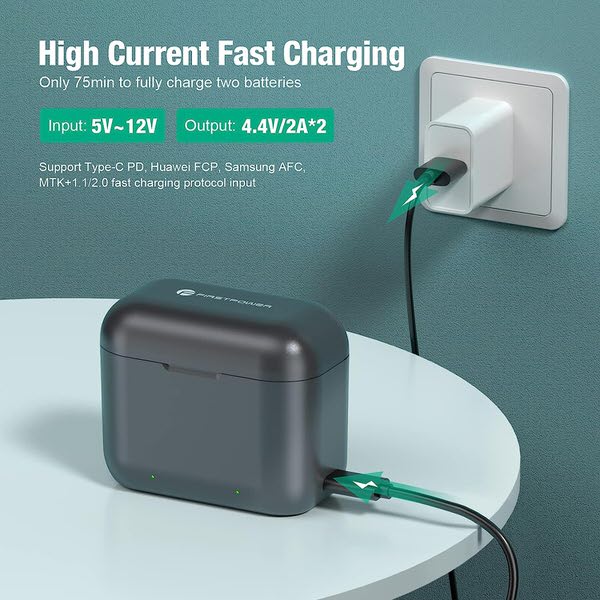Firstpower allows fast charging (2 amps) of two batteries at the same time.