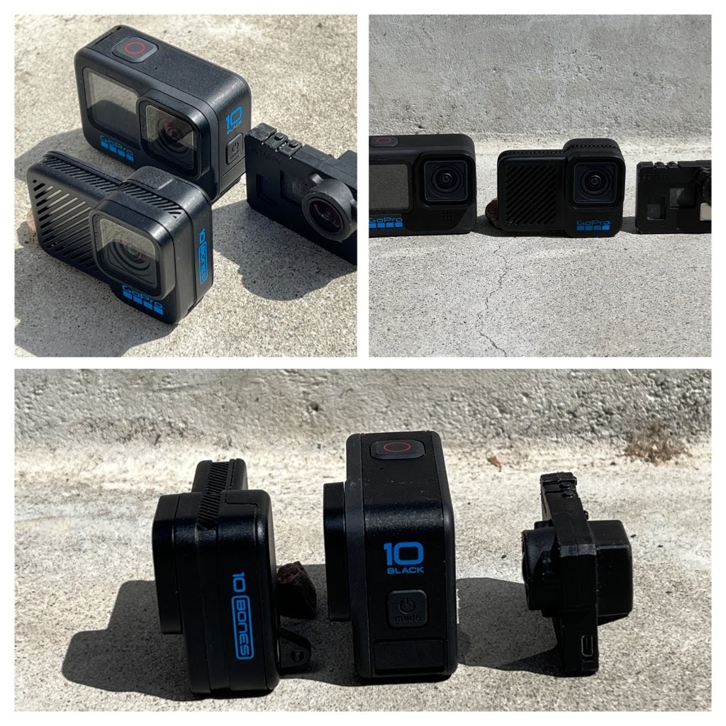 GoPro Bones next to a Hero 10 and a naked Hero 6