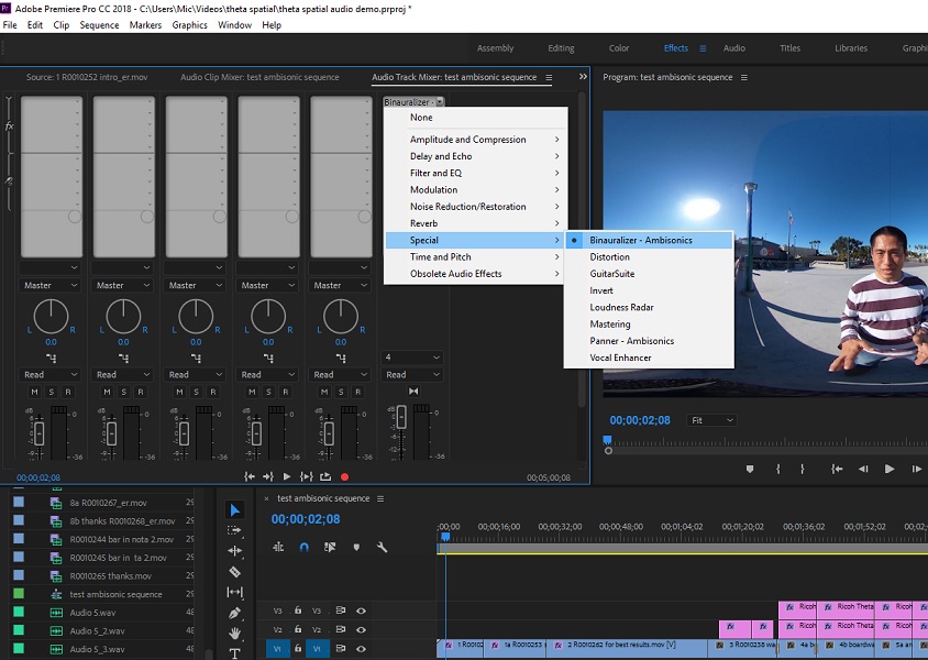 Binauralizer effect applied to the master track of the Audio Mixer