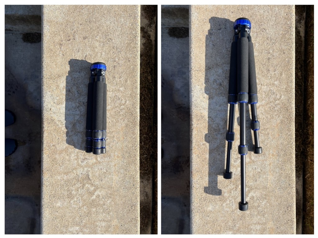 The legs are independently adjustable, from 9 inches to 18.5 inches