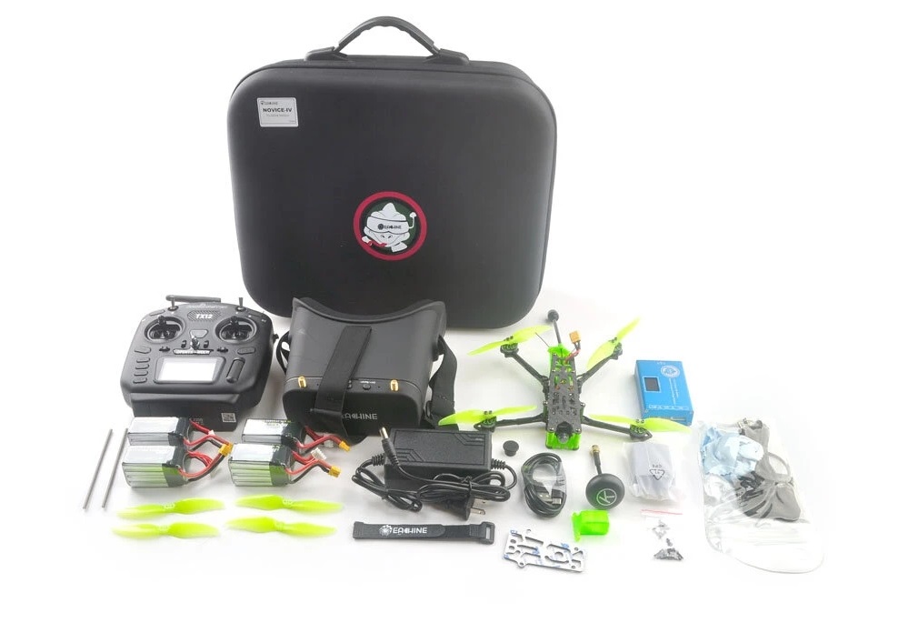 Eachine Novice IV RTF includes a 4-inch freestyle quad, EV800D goggles, and Radiomaster TX12 controller
