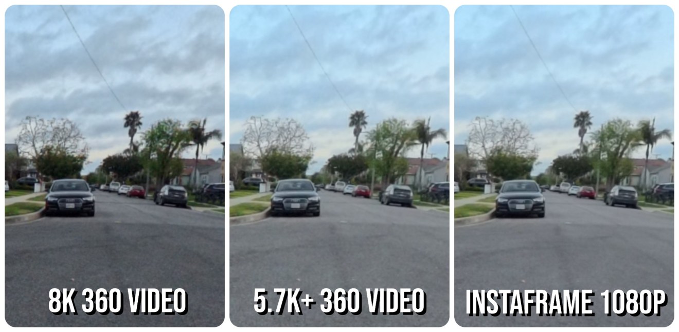 Instaframe detail comparison: 8K 360 video vs 5.7K+ 360 video vs Instaframe at 1080p