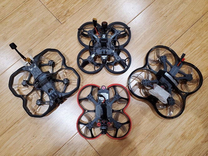 Clockwise from top: GepRC Cinelog25, BetaFPV Pavo30, BetaFPV Beta95X v3, iFlight Protek25