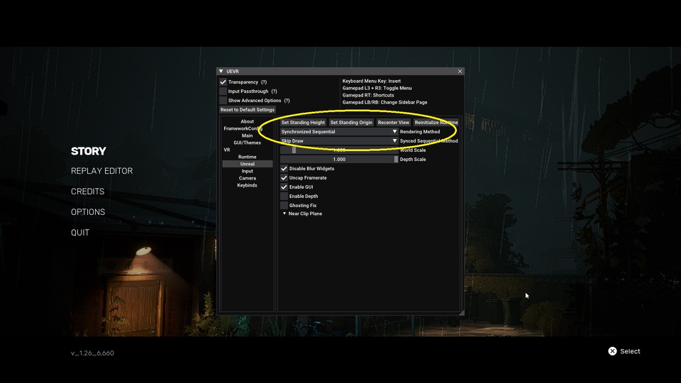 Toggle the UEVR overlay by pressing the Insert key and change the Rendering Method