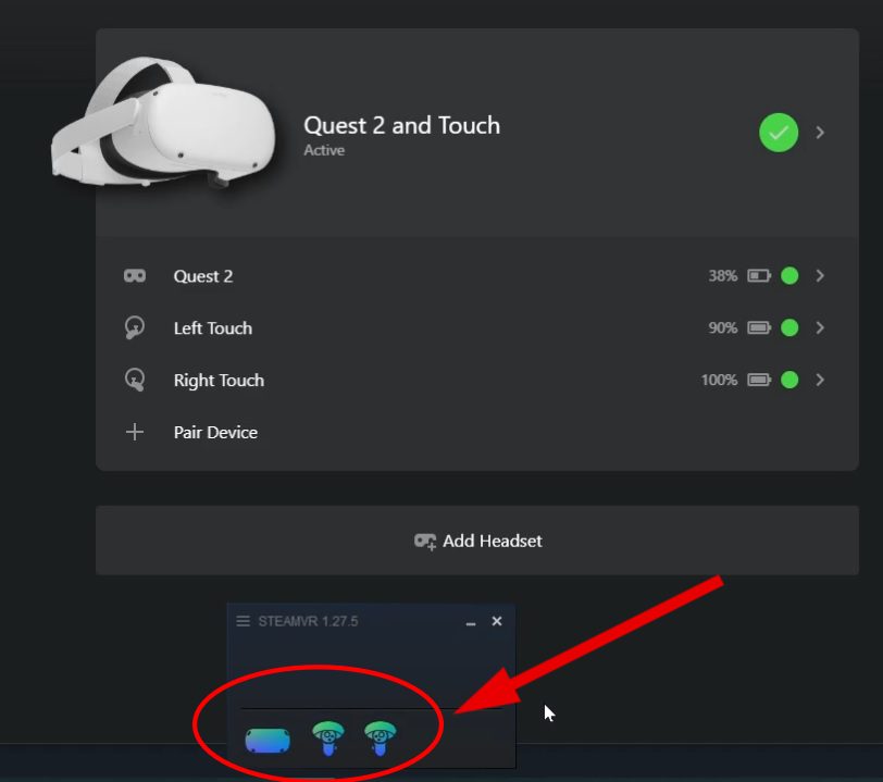 icon of your Quest and its controllers indicates SteamVR is connected