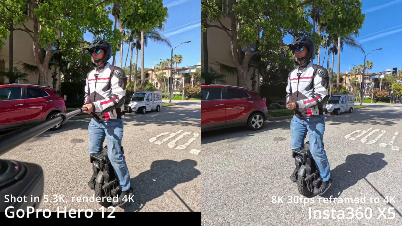 Insta360 X5 vs GoPro: X5 (right) approaches the image quality of the Hero 12 (left)