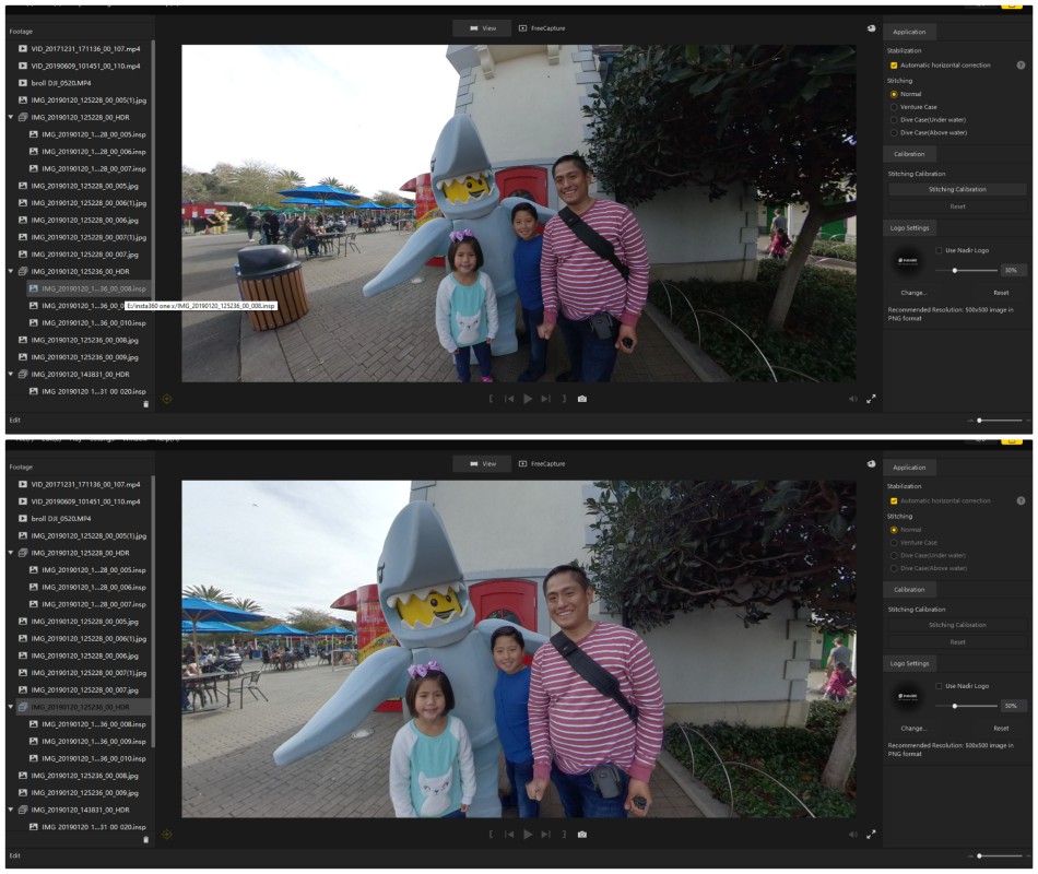 Insta360 Studio HDR: non-HDR (top) vs. HDR (bottom)