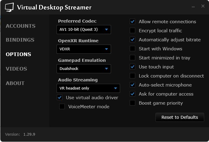 Virtual Desktop settings for Quest 3
